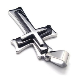 Men Black Silver Pure Titanium Cross Pendant Necklace