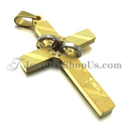 Cross Gold Titanium Pendant With Circles Rhinestones