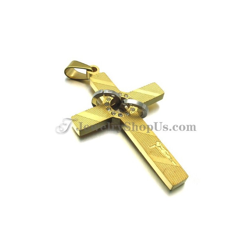 Cross Gold Titanium Pendant With Circles Rhinestones