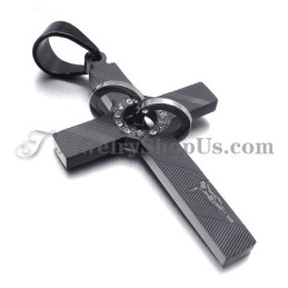 Cross Black Titanium Pendant With Circles Rhinestones
