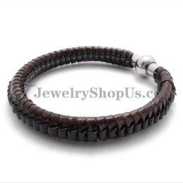 Elegant Brown Titanium And Leather Bracelet