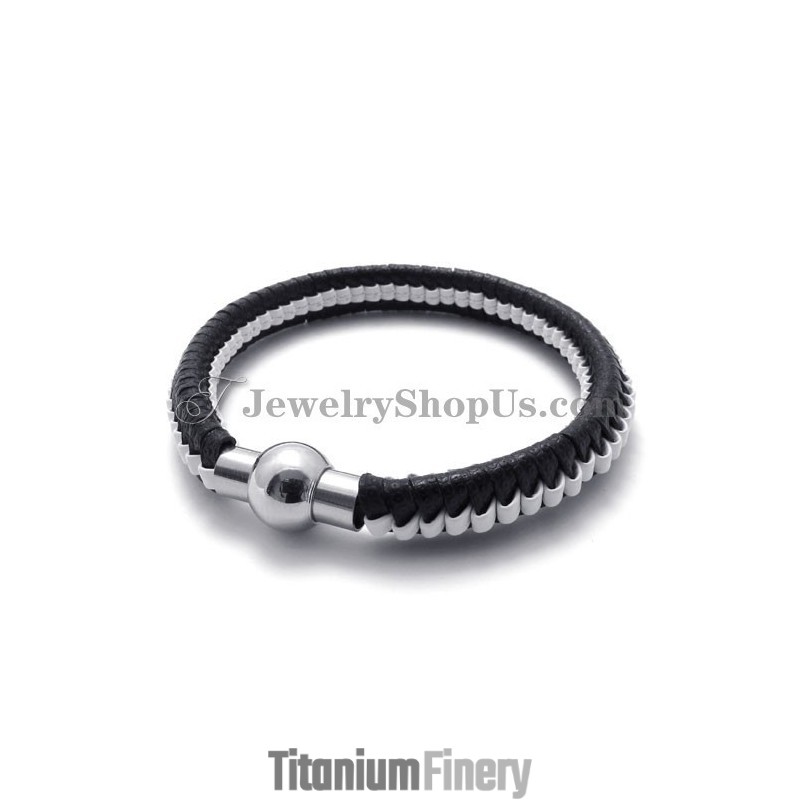 Elegant Black And White Titanium Leather Bracelet