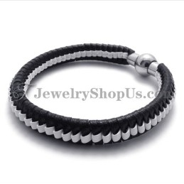 Elegant Black And White Titanium Leather Bracelet