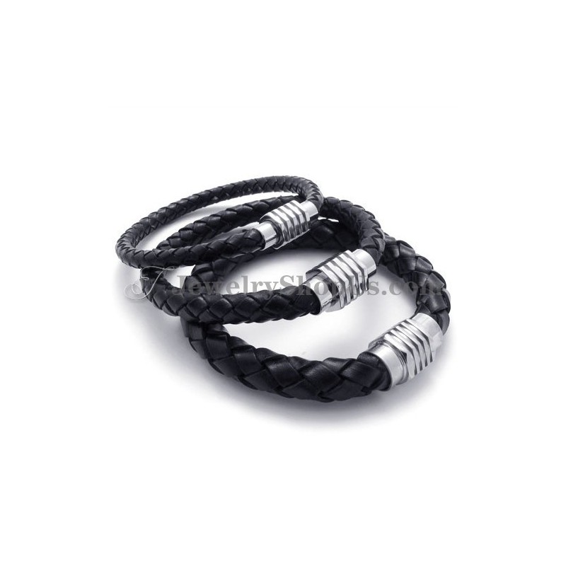 Elegant Black Titanium And Leather Bracelet