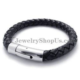 Fashion Black Leather And Titanium Bracelet
