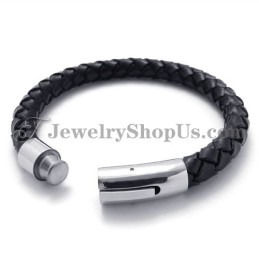 Fashion Black Leather And Titanium Bracelet