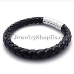 Fashion Black Leather And Titanium Bracelet