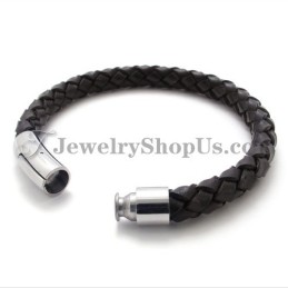 Fashion Brown Leather And Titanium Bracelet