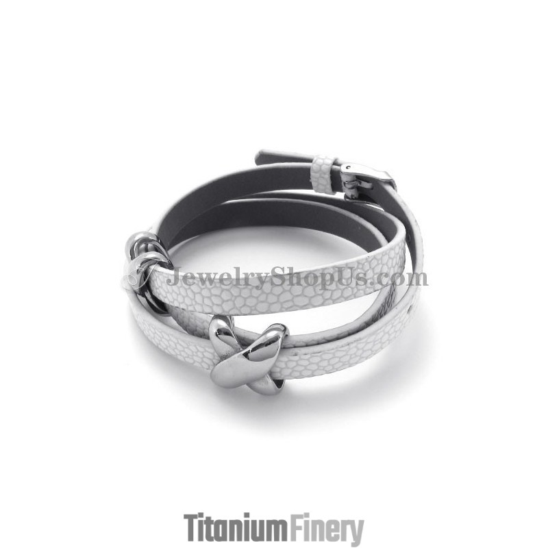 Fashion White Leather With Titanium Bracelet