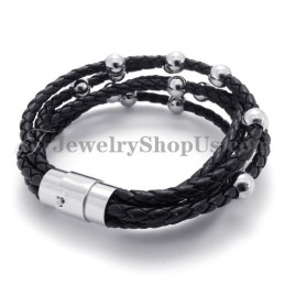 Fashion Black Leather With Titanium Bracelet