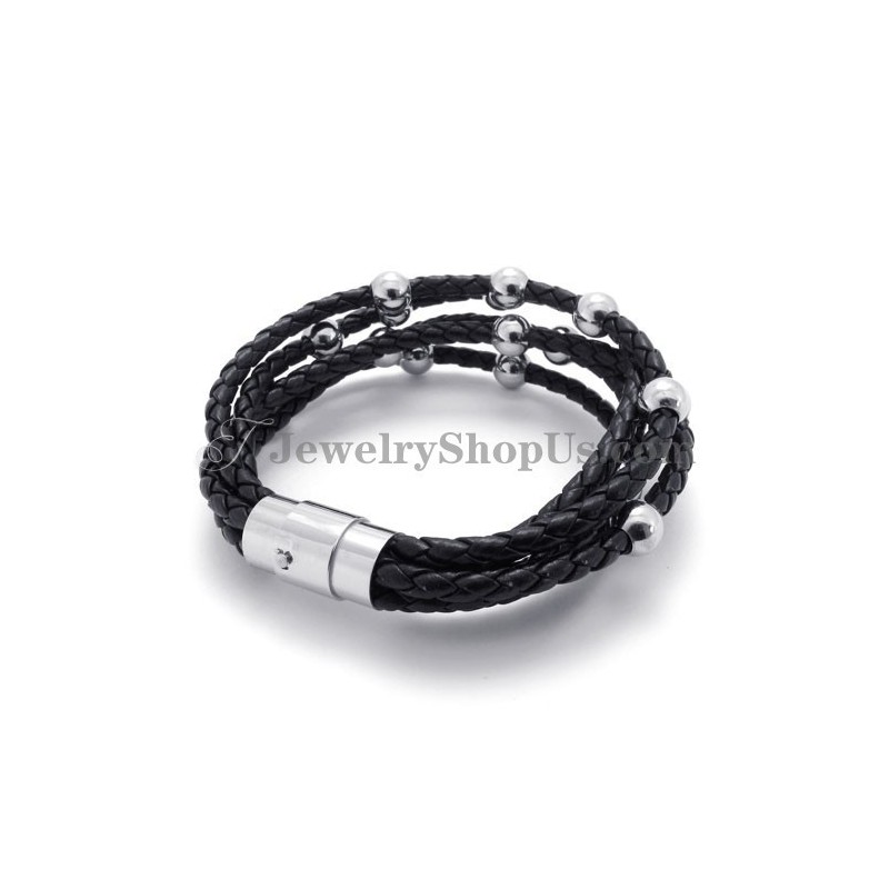 Fashion Black Leather With Titanium Bracelet