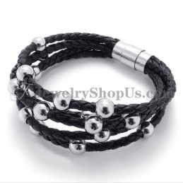 Fashion Black Leather With Titanium Bracelet