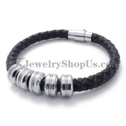Fashion Black Leather And Titanium Bracelet