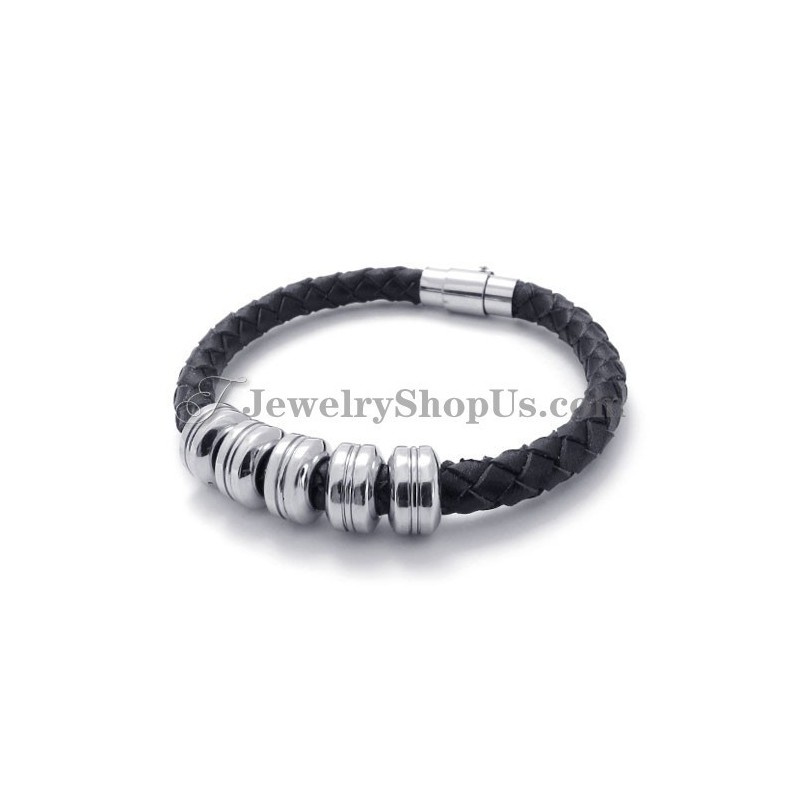 Fashion Black Leather And Titanium Bracelet