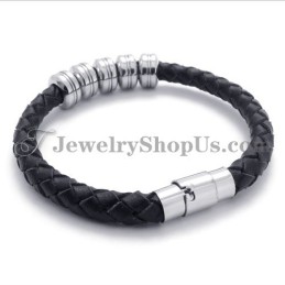 Fashion Black Leather And Titanium Bracelet