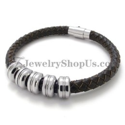 Elegant Black Leather And Titanium Bracelet