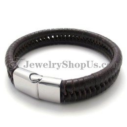 Elegant Brown Titanium With Leather Bracelet