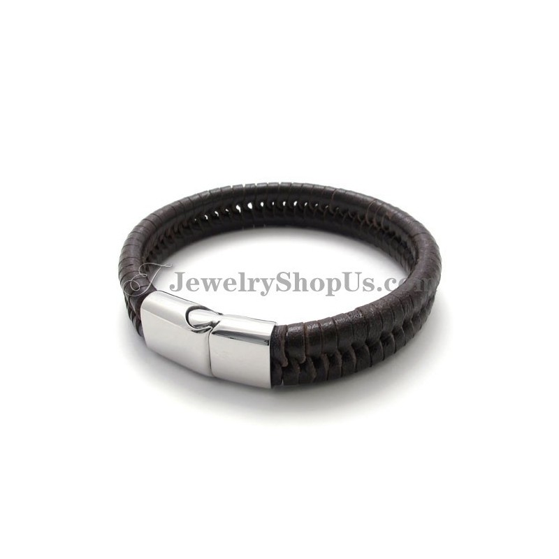 Elegant Brown Titanium With Leather Bracelet