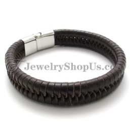 Elegant Brown Titanium With Leather Bracelet