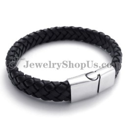 Elegant Black Titanium With Leather Bracelet