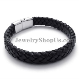Elegant Black Titanium With Leather Bracelet