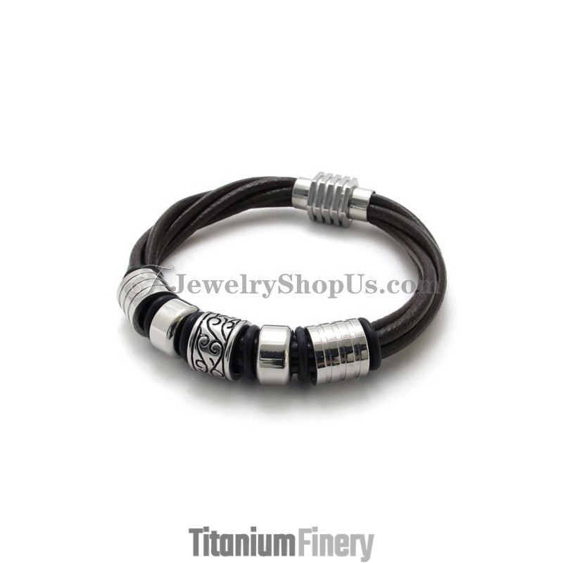 Fashion Brown Leather And Titanium Bracelet