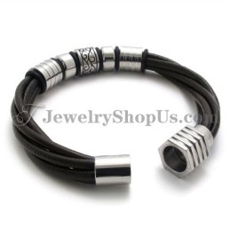 Fashion Brown Leather And Titanium Bracelet