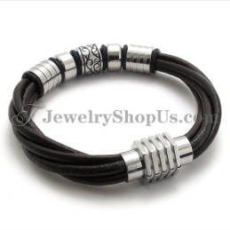 Fashion Brown Leather And Titanium Bracelet