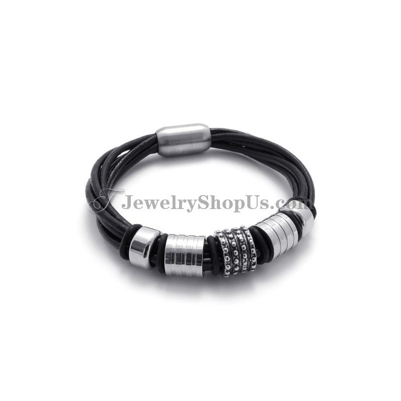 Elegant Black Leather With Titanium Bracelet