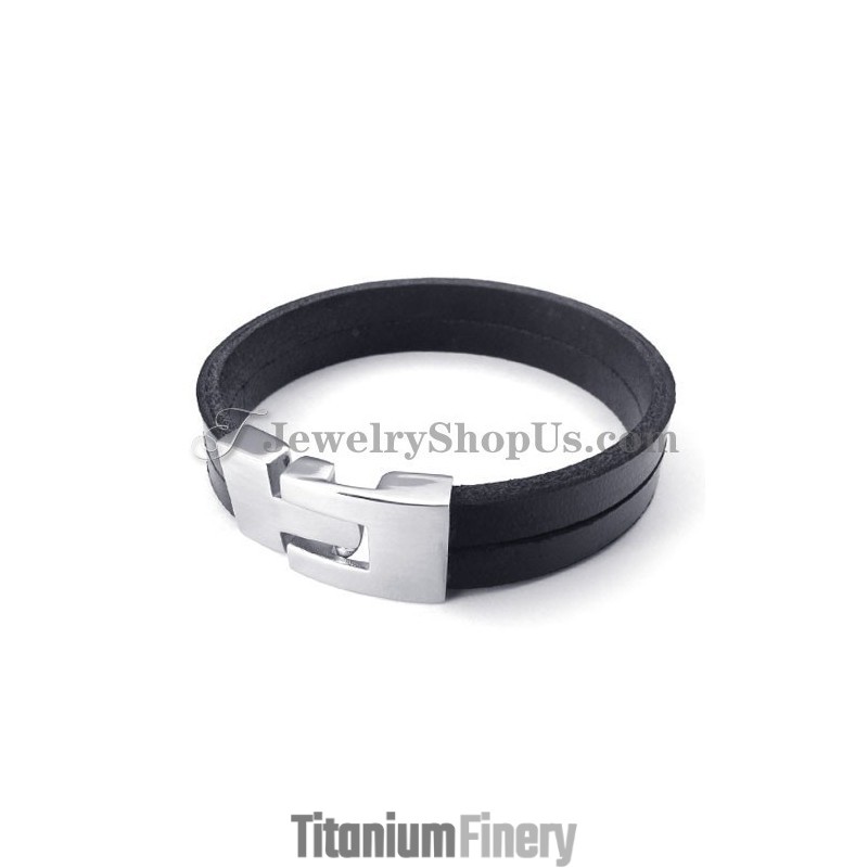 Elegant Black Leather Bracelet With Titanium Elegant Black Leather Bracelet With Titanium