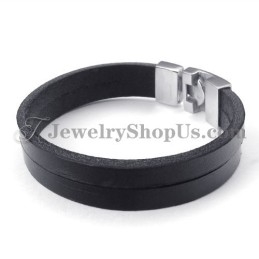 Elegant Black Leather Bracelet With Titanium