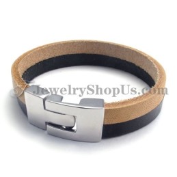 Elegant Black And Brown Leather Bracelet With Titanium