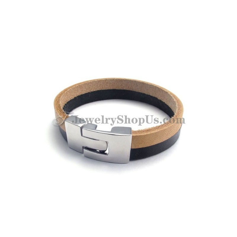 Elegant Black And Brown Leather Bracelet With Titanium
