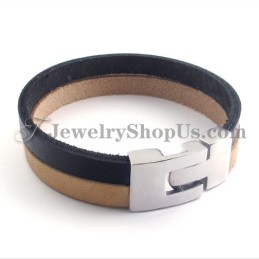 Elegant Black And Brown Leather Bracelet With Titanium