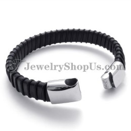 Gorgeous Black Titanium With Leather Bracelet