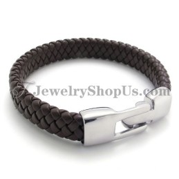 Elegant Brown Titanium And Leather Bracelet