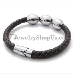 Fashion Brown Leather Titanium Bracelet