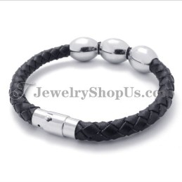 Fashion Black Leather Titanium Bracelet