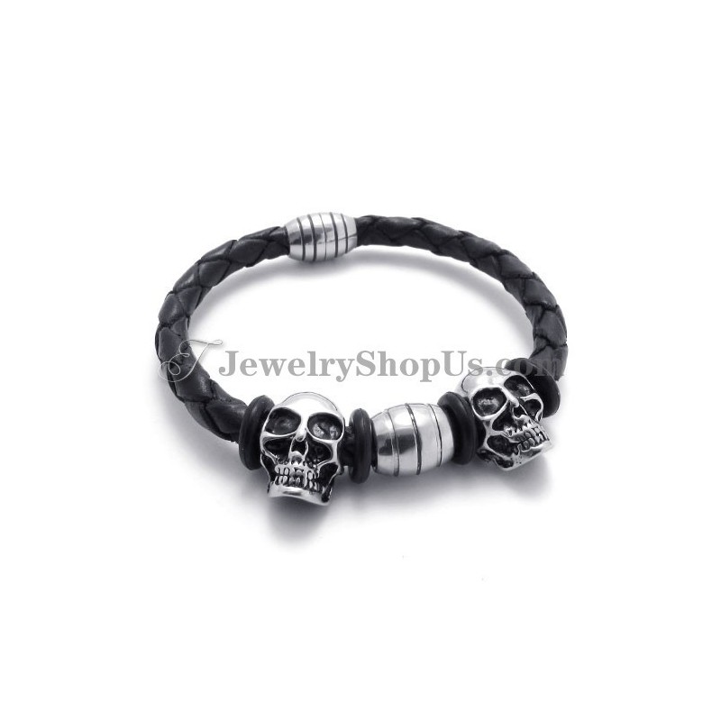 Elegant Leather With Titanium Skulls Bracelet