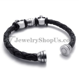 Elegant Leather With Titanium Skulls Bracelet