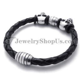 Elegant Leather With Titanium Skulls Bracelet
