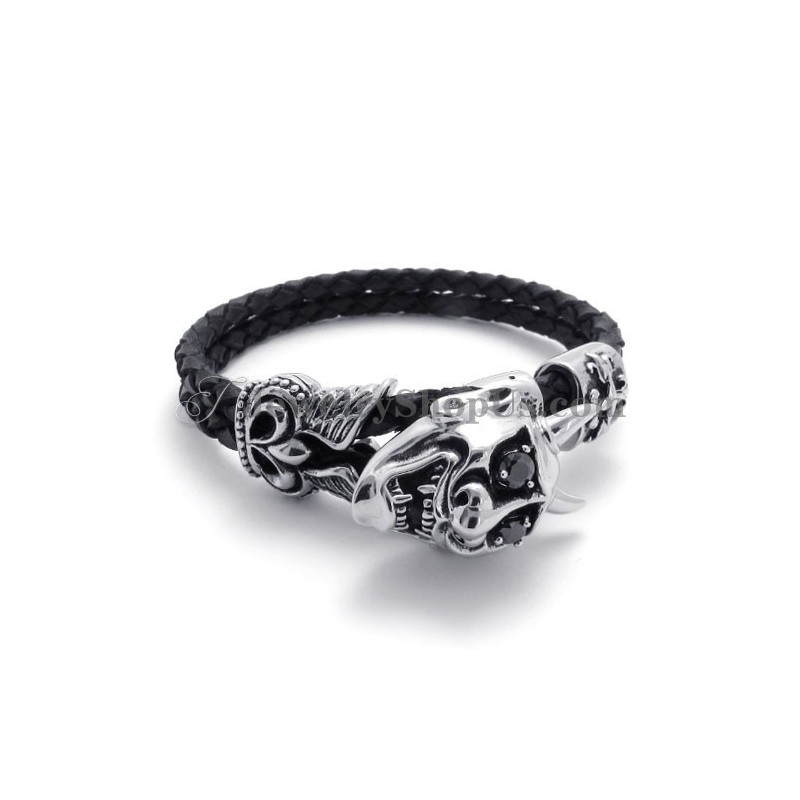 Fashion Black Leather With Titanium Bracelet Fashion Black Leather With Titanium Bracelet