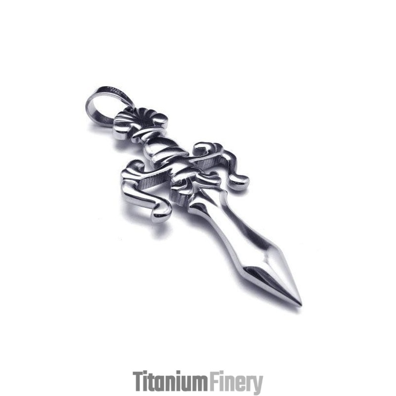 Men Silver Pure Titanium Cross Sword Pendant Necklace